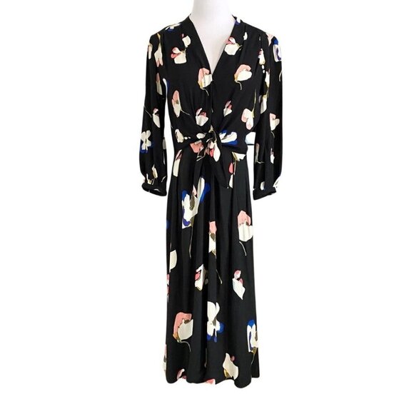 NWOT MASSIMO DUTTI BLACK FLORAL FRONT-KNOT MIDI DRESS - 4 - Picture 2 of 13